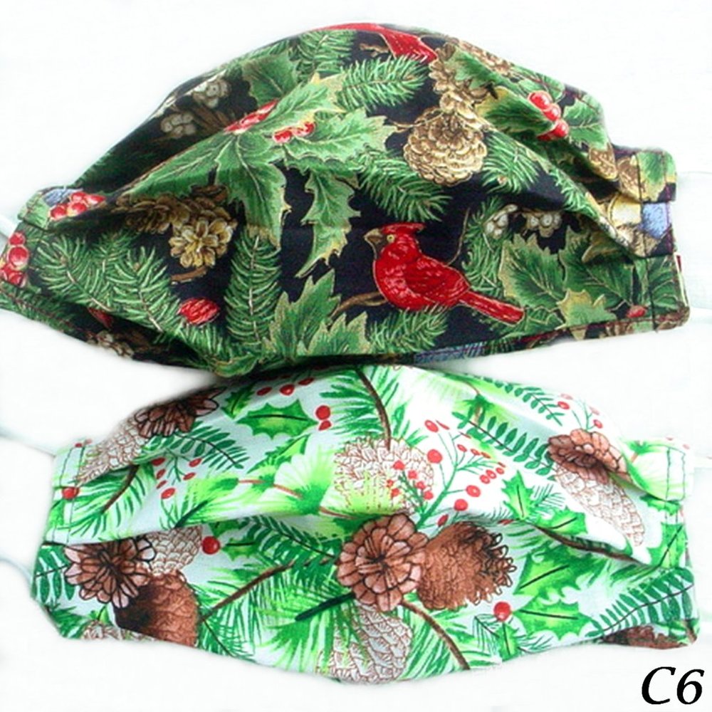 2 CHRISTMAS MASKS CARDINALS HOLLY PINE CONES REVERSIBLE HANDMADE PLEATED COTTON